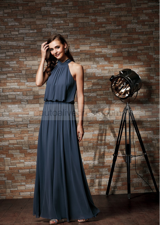 High Neck Pewter Chiffon Keyhole Back Bridesmaid Dress